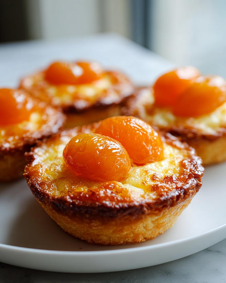 Close-up of freshly baked apricot-almond tartlets with caramelized tops and bright orange apricot halves.