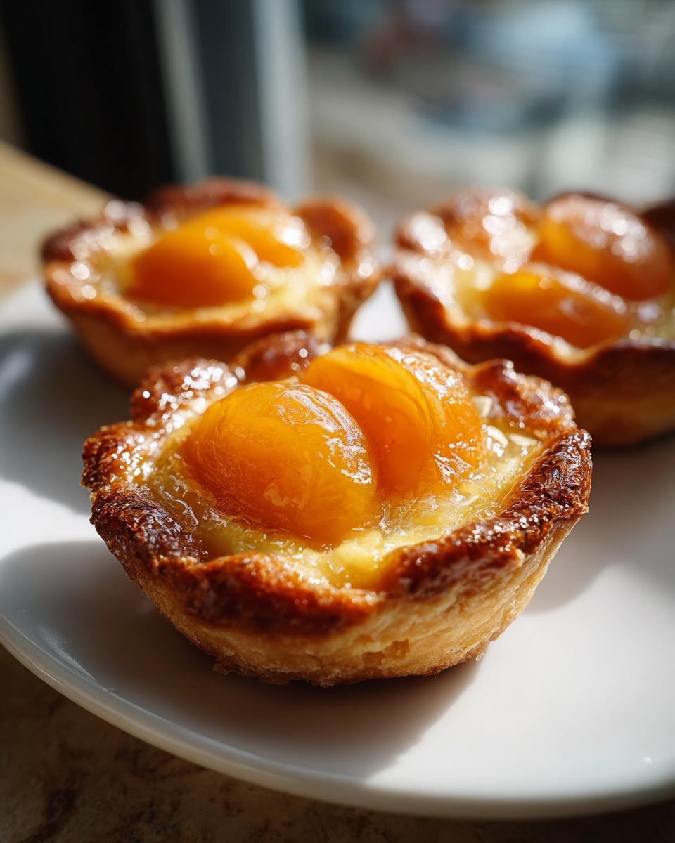 A close-up, sunlit photo of three golden apricot-almond tartlets resting on a white plate.