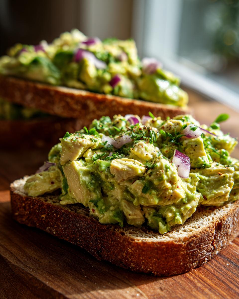Close-up of an open-faced avocado chicken salad sandwich on dark toast, topped with red onion and herbs.