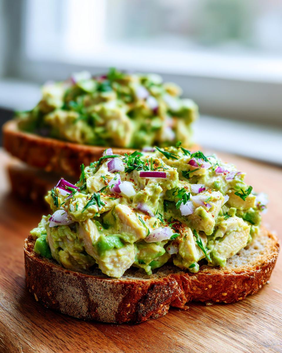 Close-up of an open-faced avocado chicken salad sandwich piled high on rustic bread, topped with red onion.