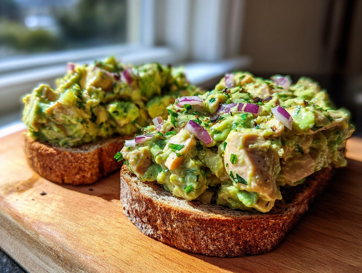 Two slices of toasted bread topped generously with creamy avocado chicken salad and diced red onion.