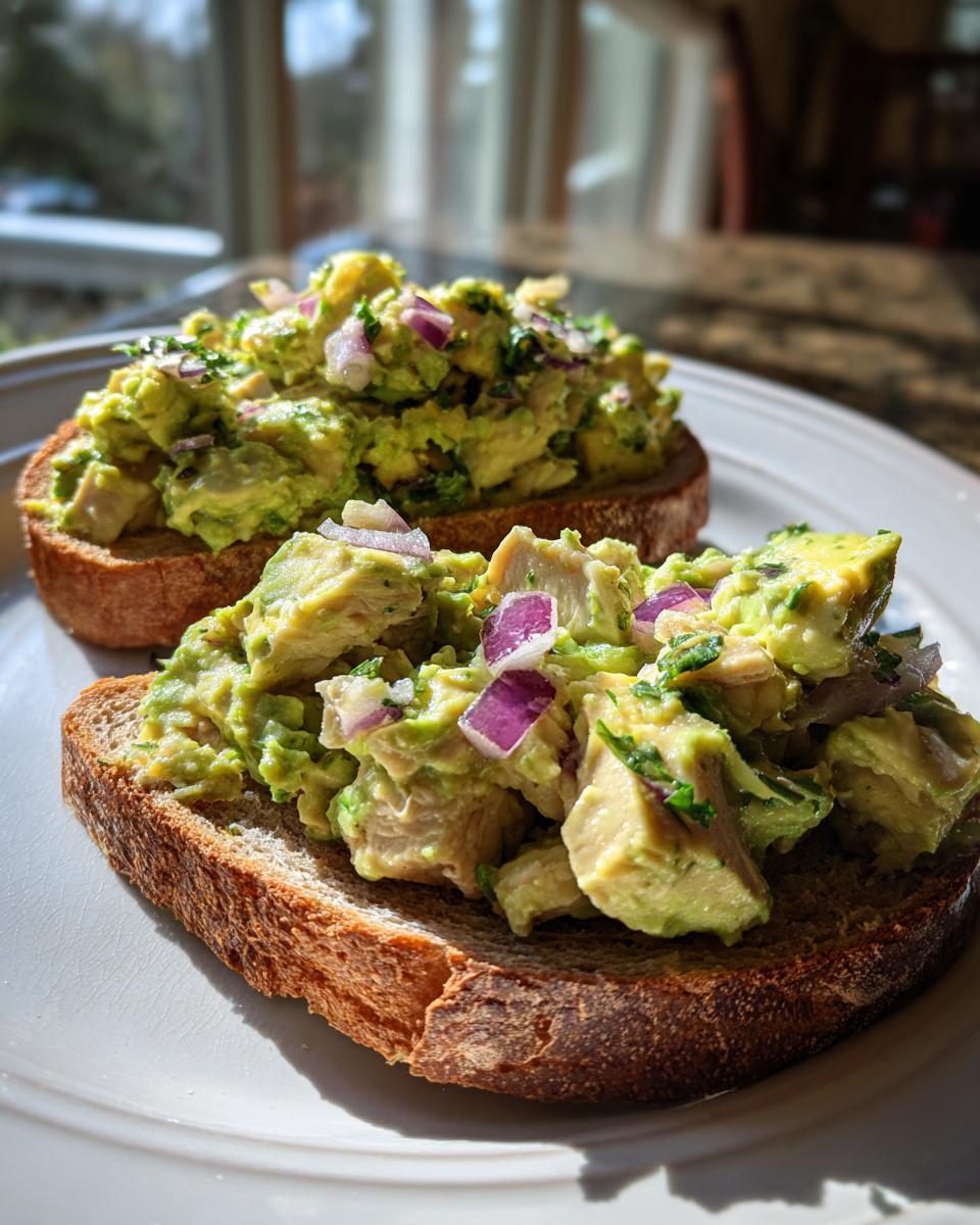 Two open-faced slices of avocado chicken salad sandwich on whole grain bread, topped with diced red onion.
