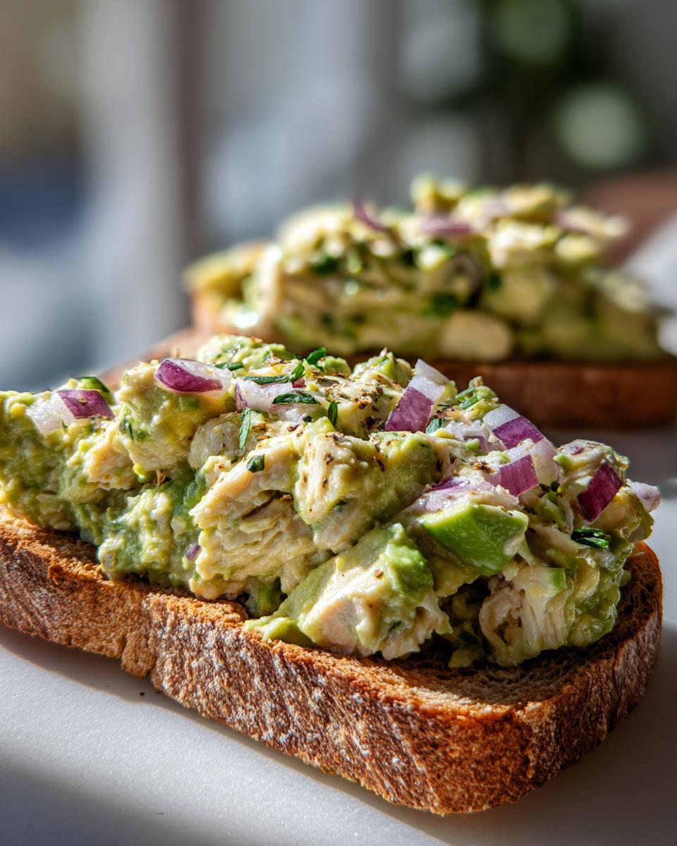 Close-up of an open-faced avocado chicken salad sandwich on toasted bread, topped with red onion.