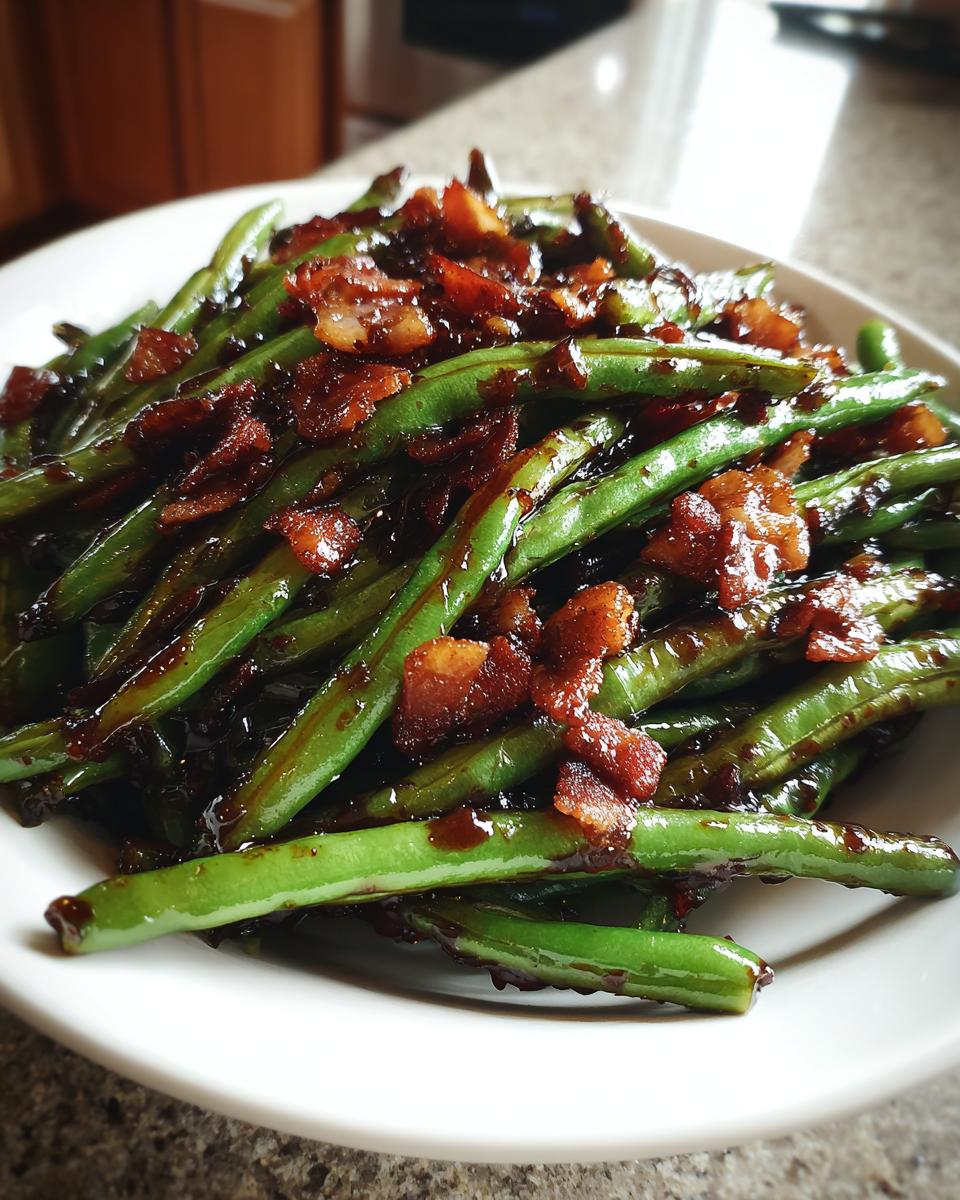 Close-up of bright green beans tossed in a dark glaze and topped with crispy bacon pieces.