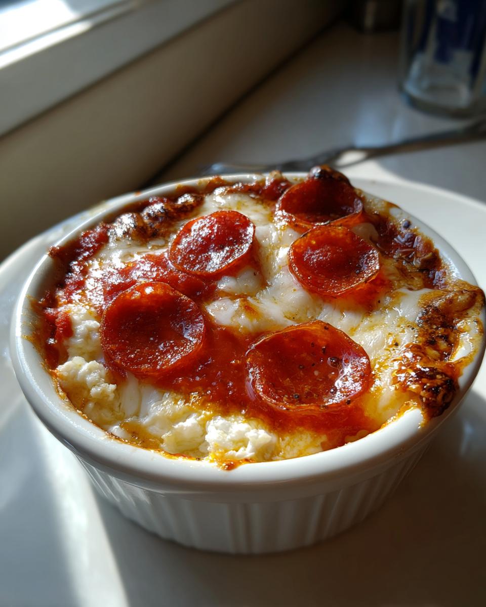 Close-up of a baked cottage cheese pizza bowl topped with melted cheese, sauce, and pepperoni slices.