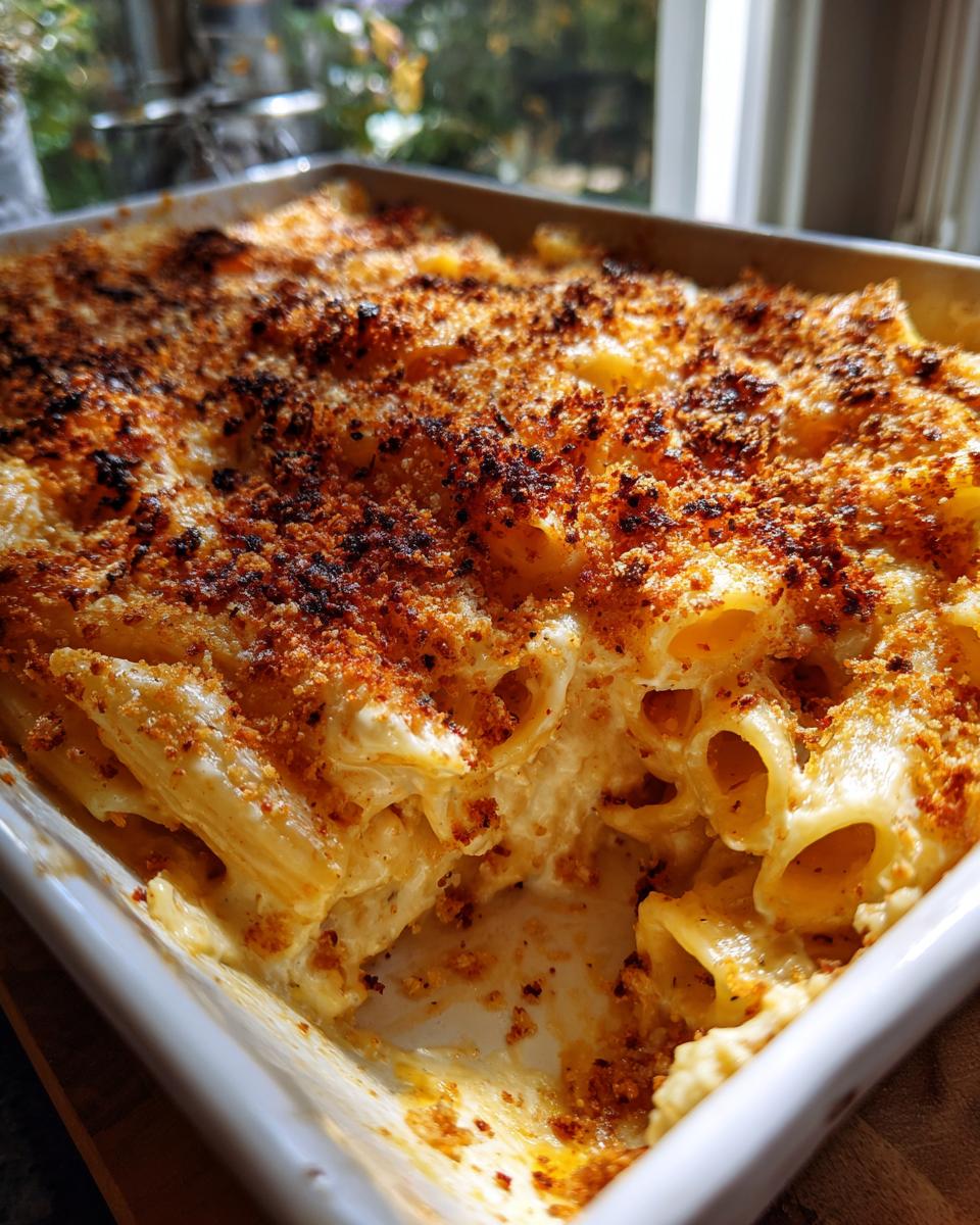 Close-up of baked penne mac and cheese in a white dish with a dark, crispy breadcrumb topping.