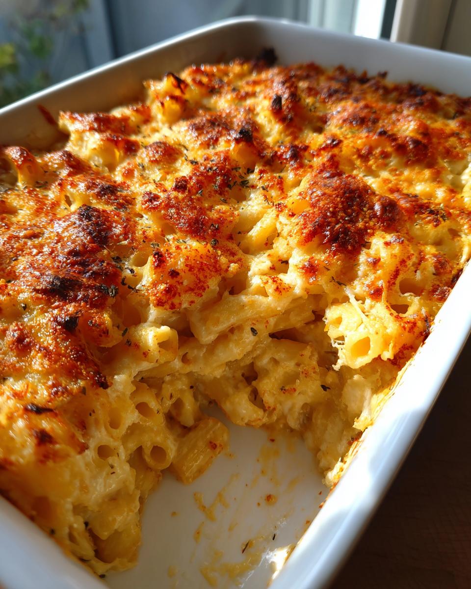 Close-up of baked penne mac and cheese in a white dish with a deeply browned, cheesy crust.