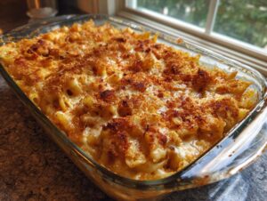 A close-up of baked penne mac and cheese in a glass dish, featuring a bubbly, golden-brown breadcrumb topping.