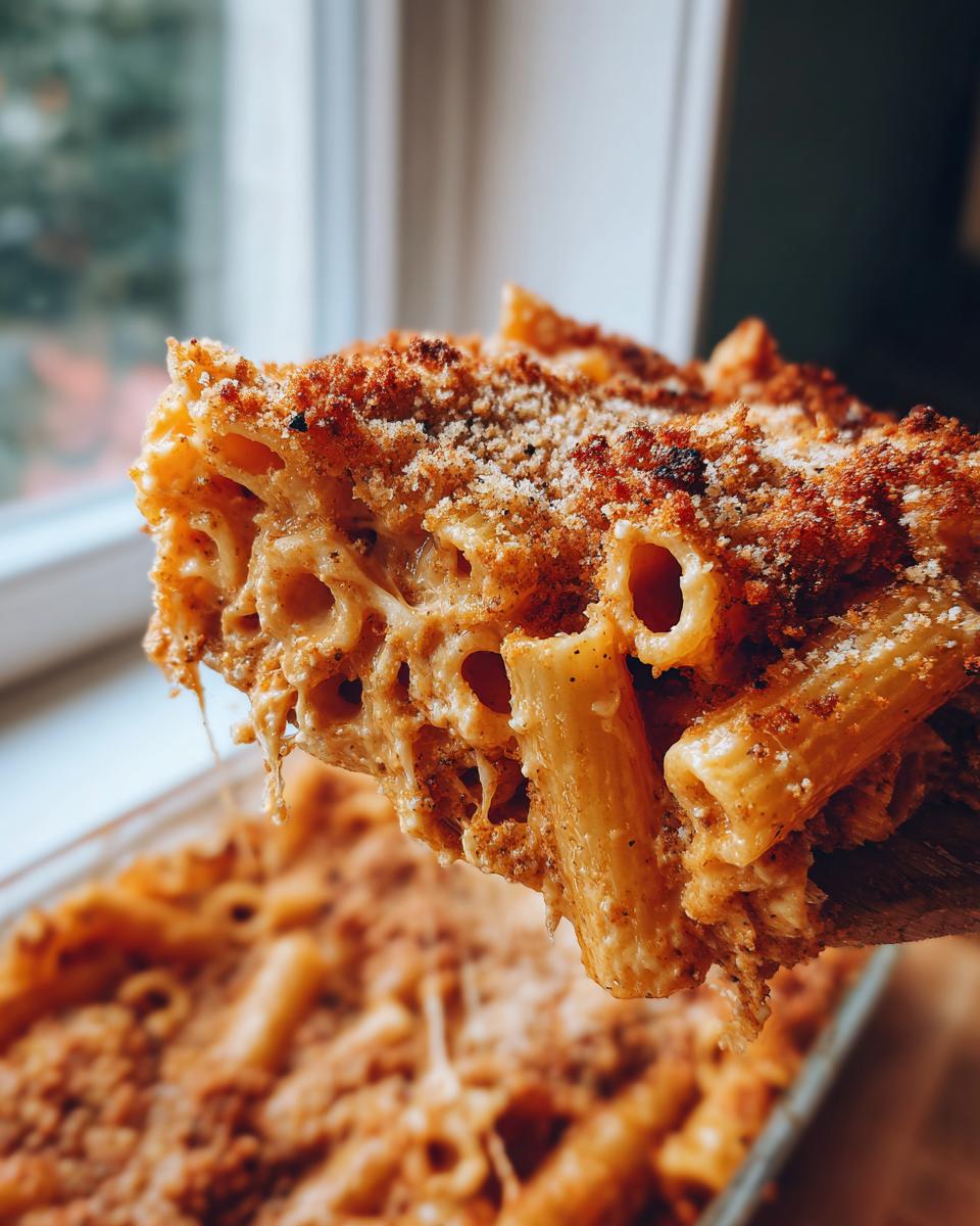 A close-up, lifted serving of baked penne mac and cheese showing gooey cheese and a crispy breadcrumb topping.