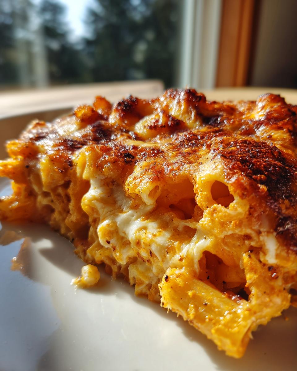 A close-up, side view of a baked slice of penne mac and cheese showing a crispy, browned top and gooey, cheesy interior.
