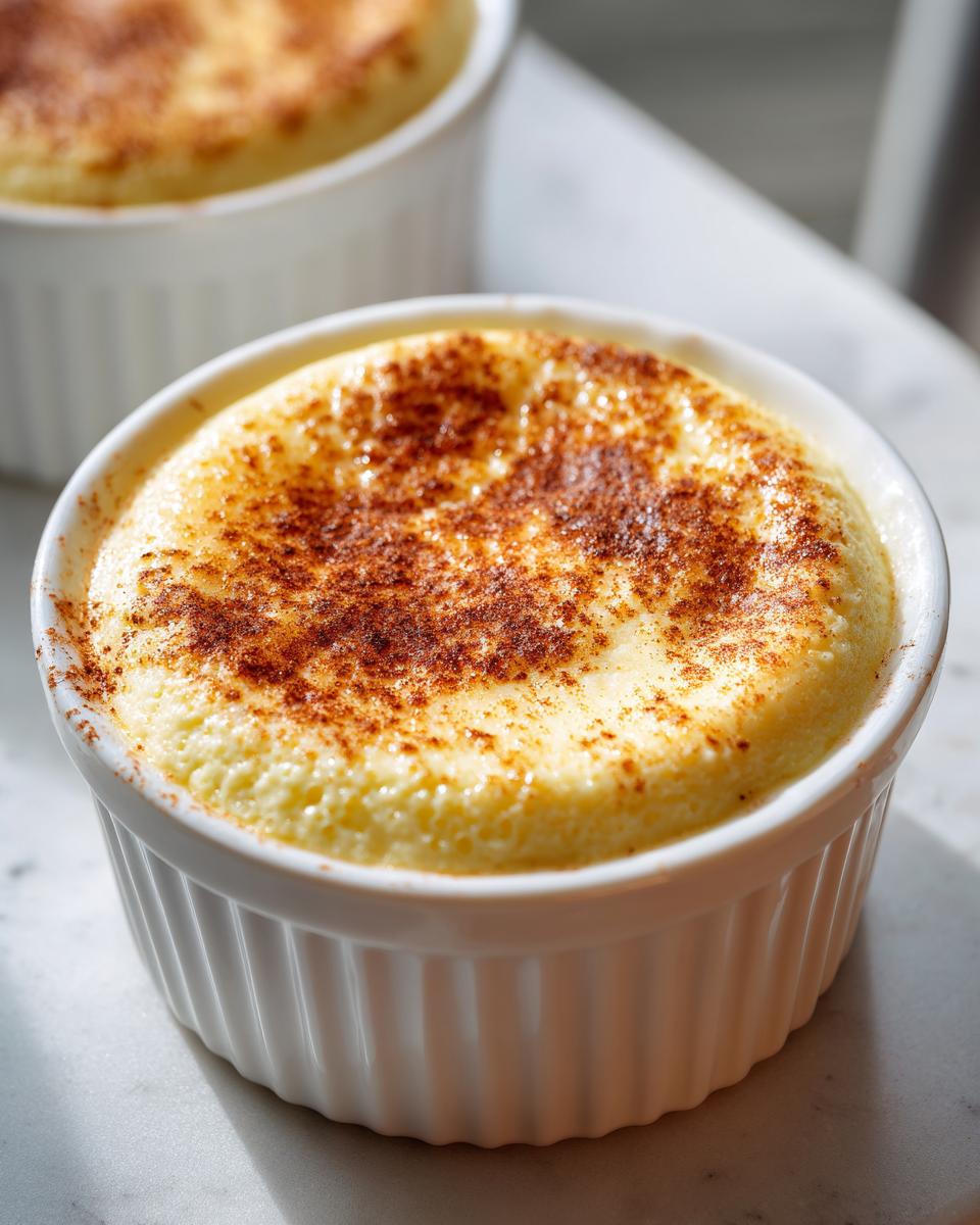 A close-up of a baked vanilla custard cup, topped with a dusting of cinnamon, sitting on a marble surface.