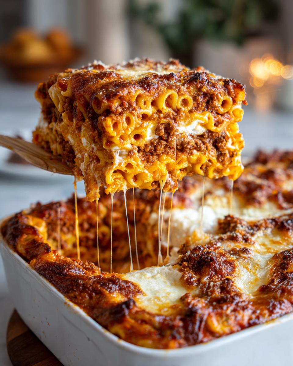 A serving spoon lifts a thick, cheesy slice of baked ziti out of a white casserole dish, showing long cheese pulls.