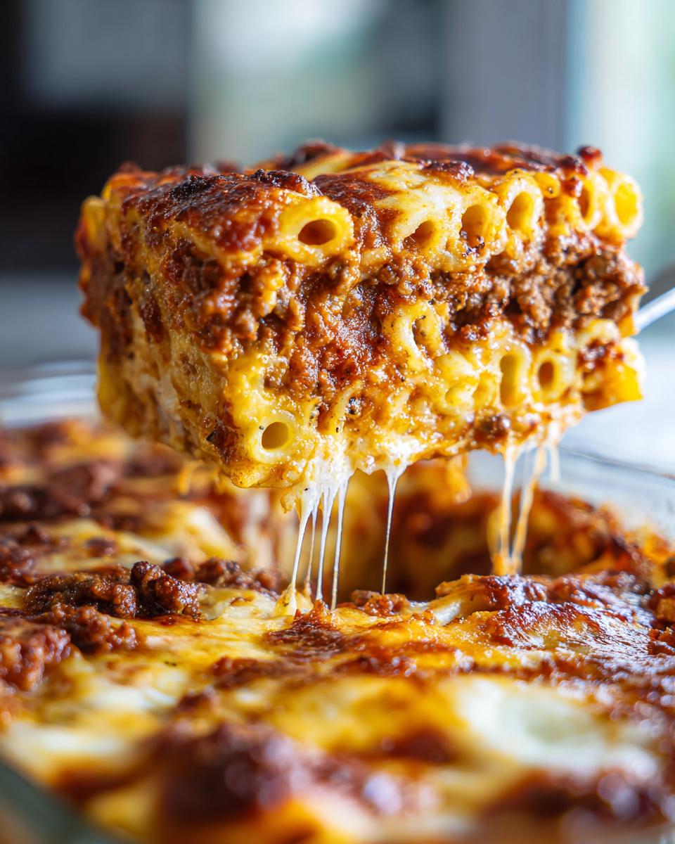 A serving of baked ziti being lifted from the pan, showing a rich meat sauce and long, stretchy cheese pulls.