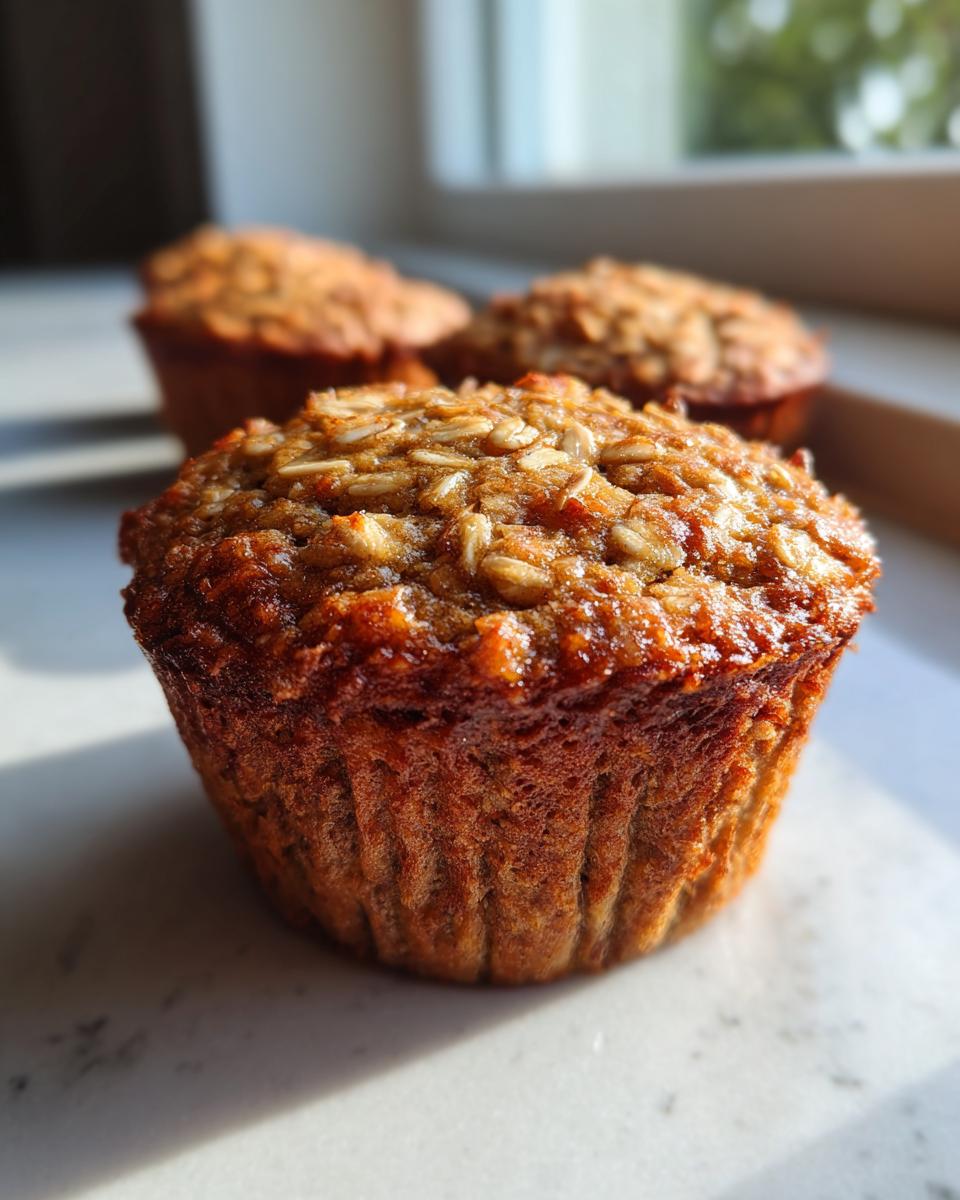 A close-up, sunlit photo of a freshly baked banana oatmeal muffin topped with visible rolled oats.