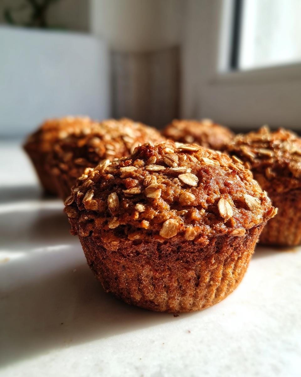 A close-up of a freshly baked banana oatmeal muffin topped with rolled oats, with more muffins blurred in the background.