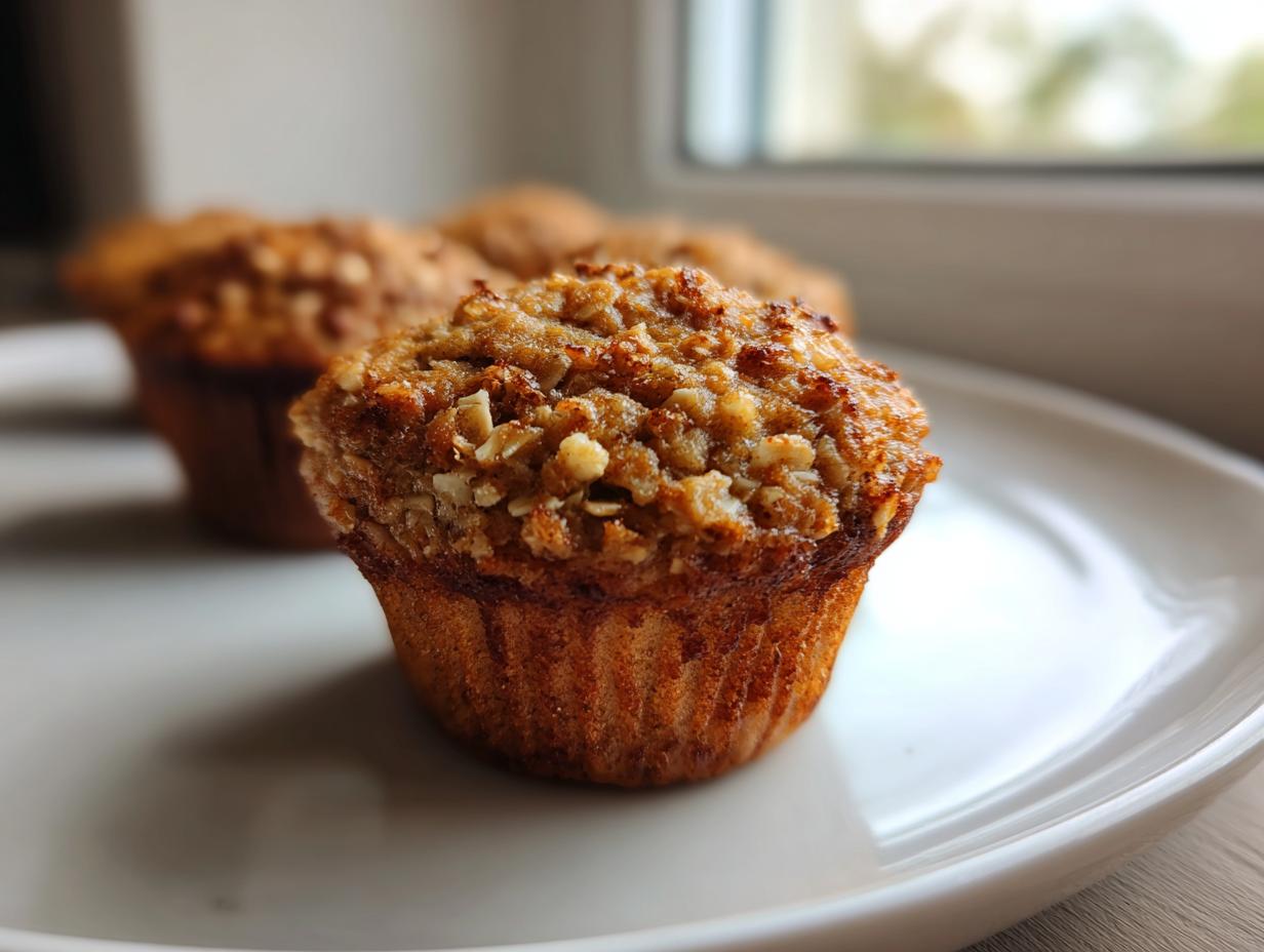 A close-up of a freshly baked banana oatmeal muffin with a crunchy oat topping, sitting on a white plate.
