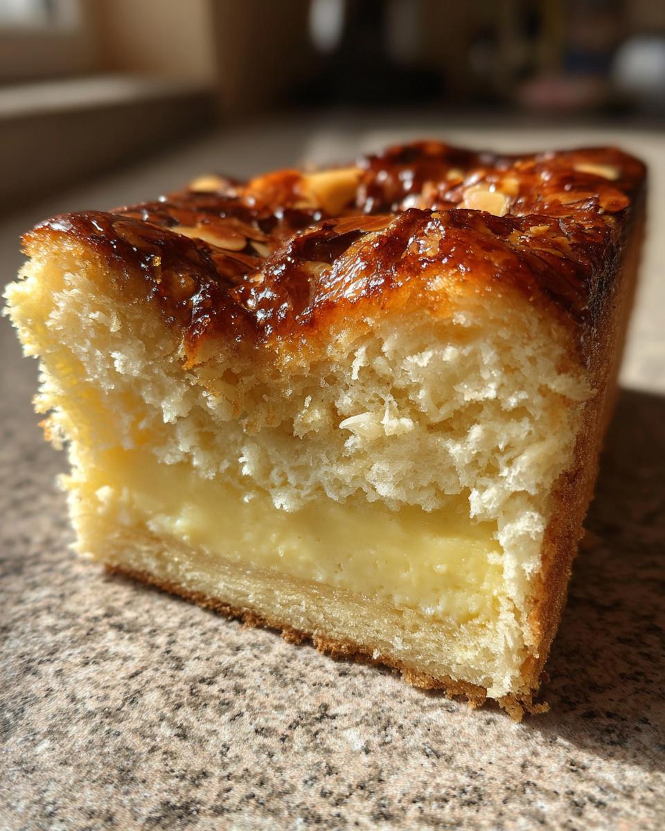 A close-up cross-section of a bee sting cake showing the fluffy yeast dough, rich vanilla cream filling, and caramelized almond topping.