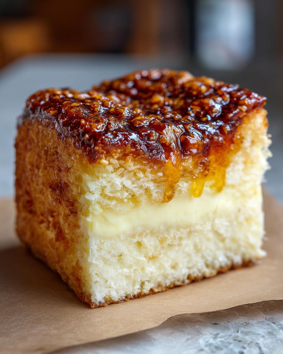 A perfect square slice of bee sting cake showing the fluffy cake layers, creamy vanilla filling, and sticky caramelized nut topping.