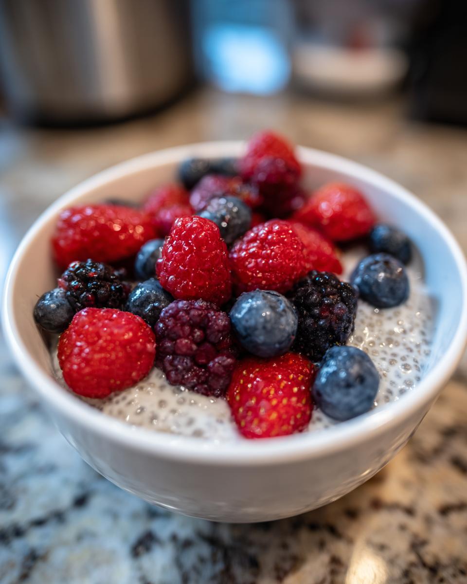 Close-up of a white bowl filled with creamy low calorie chia pudding snack topped generously with fresh raspberries, blueberries, and blackberries.
