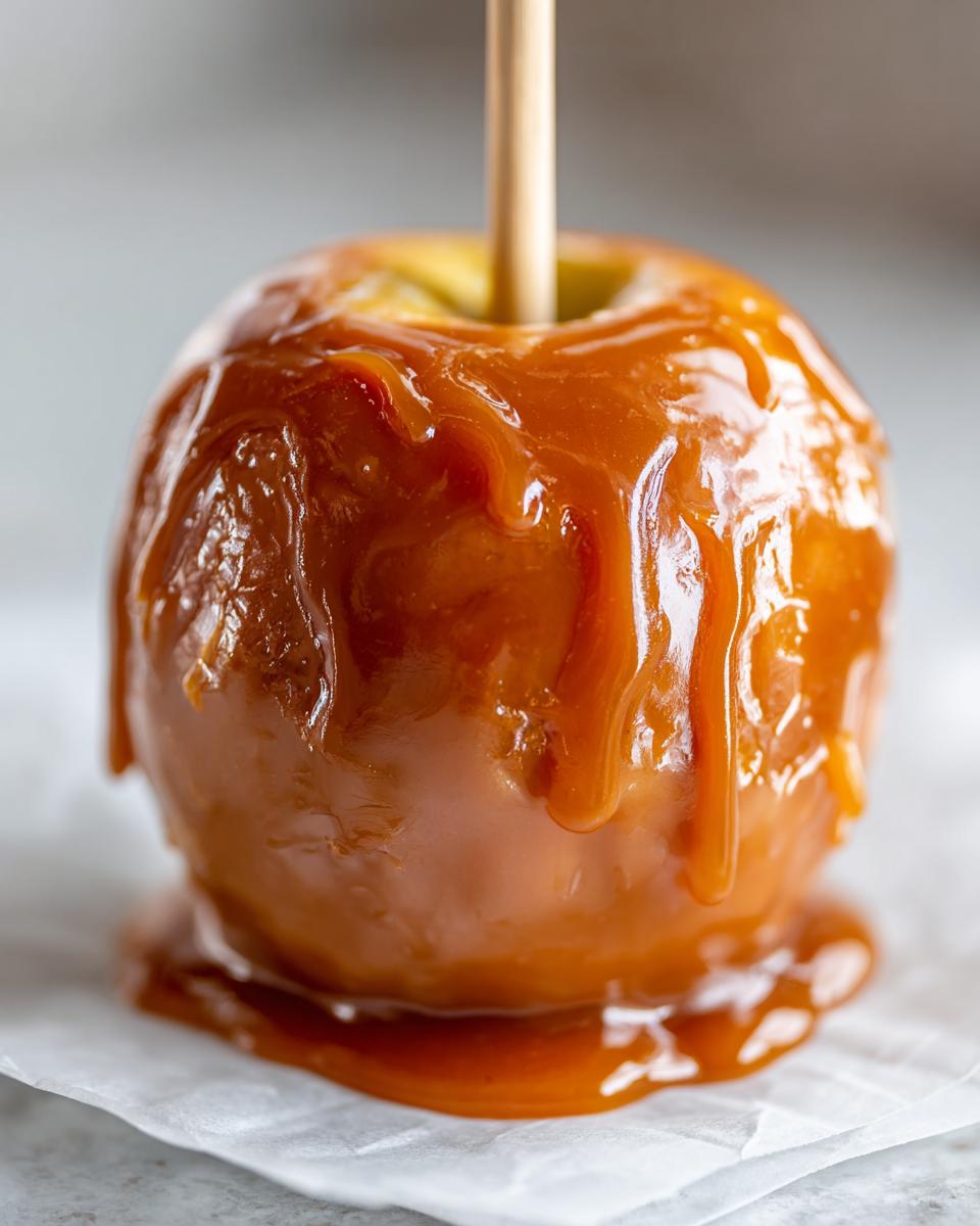 Close-up of a single, freshly made caramel apple dripping with thick, gooey caramel sauce on a wooden stick.