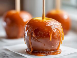 A close-up, featured image of a perfectly coated caramel apple dripping with thick, glossy caramel sauce.