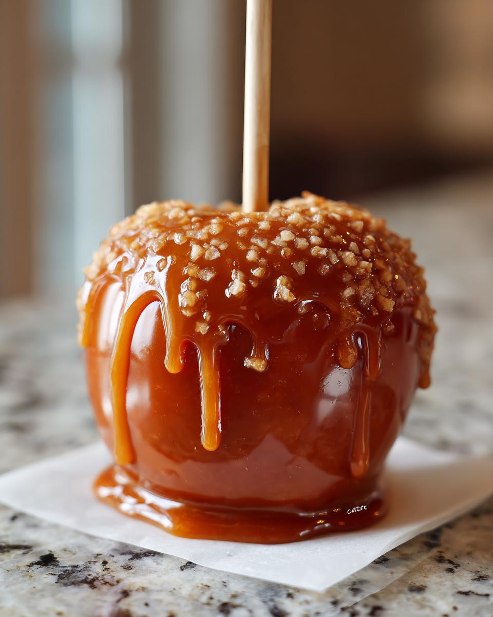 Close-up of a glossy, dripping caramel apple covered in chopped nuts, ready to eat.