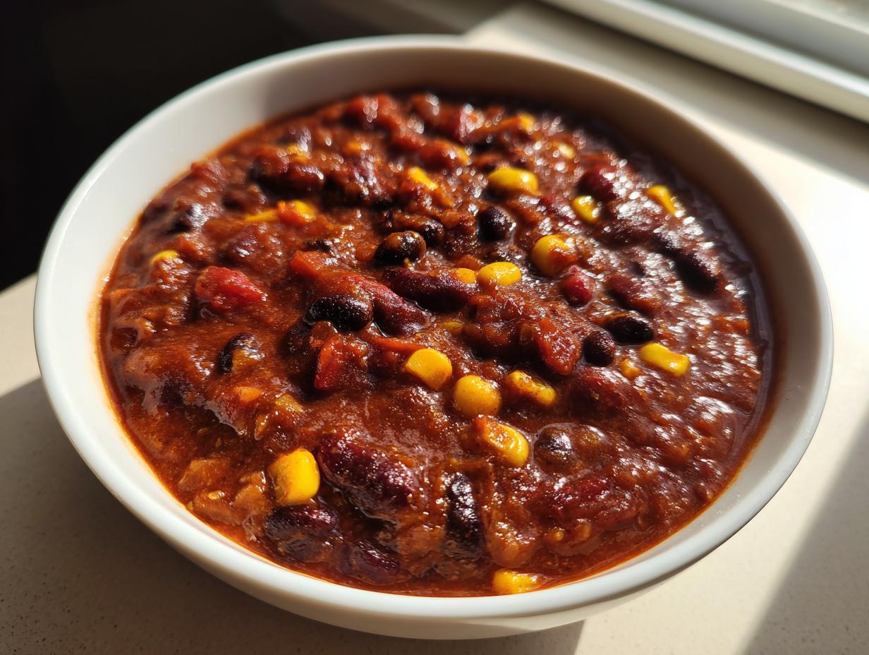 A close-up, sunlit view of a hearty bowl of thick black bean chili mixed with corn kernels.
