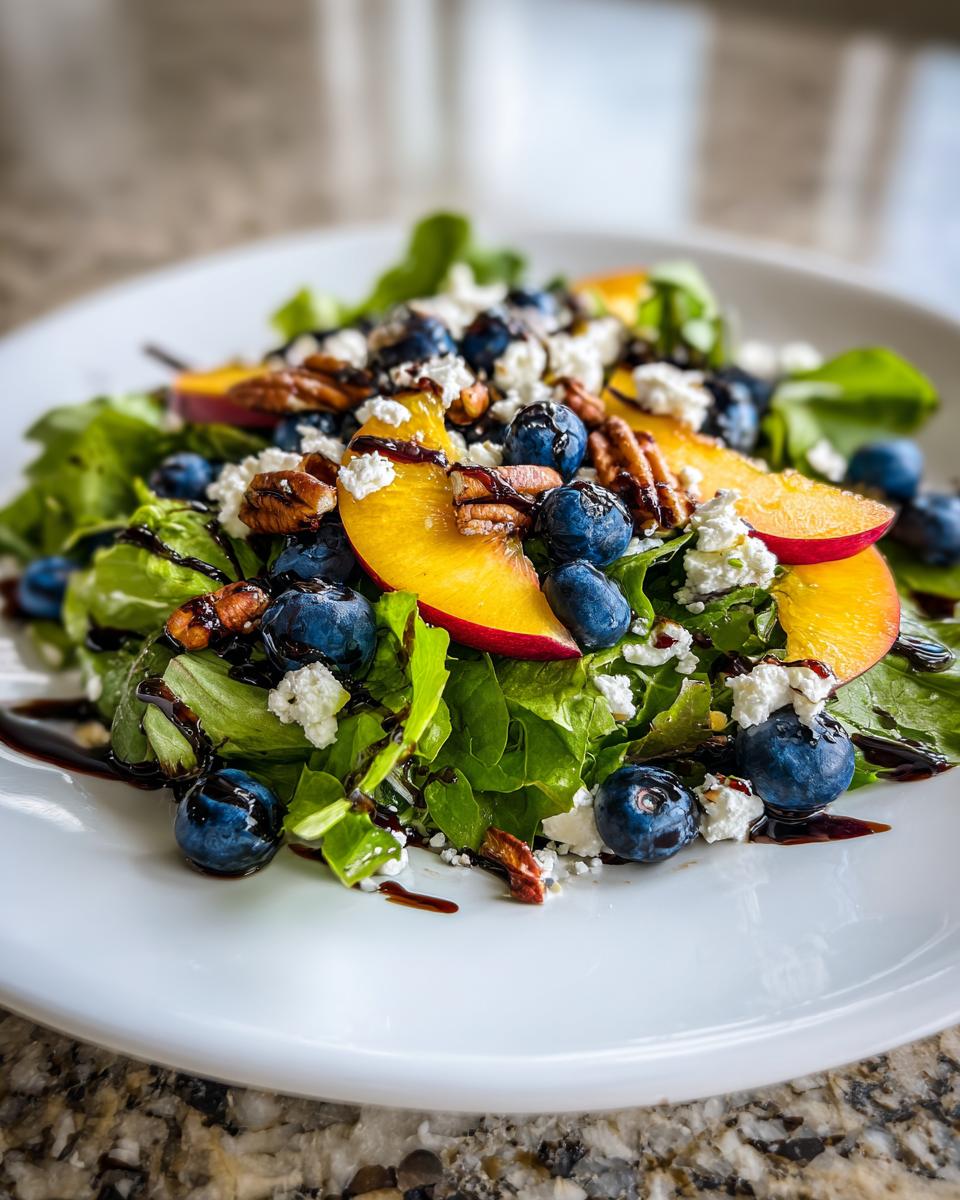 Close-up of a fresh blueberry peach feta salad on a white plate, drizzled with balsamic glaze.