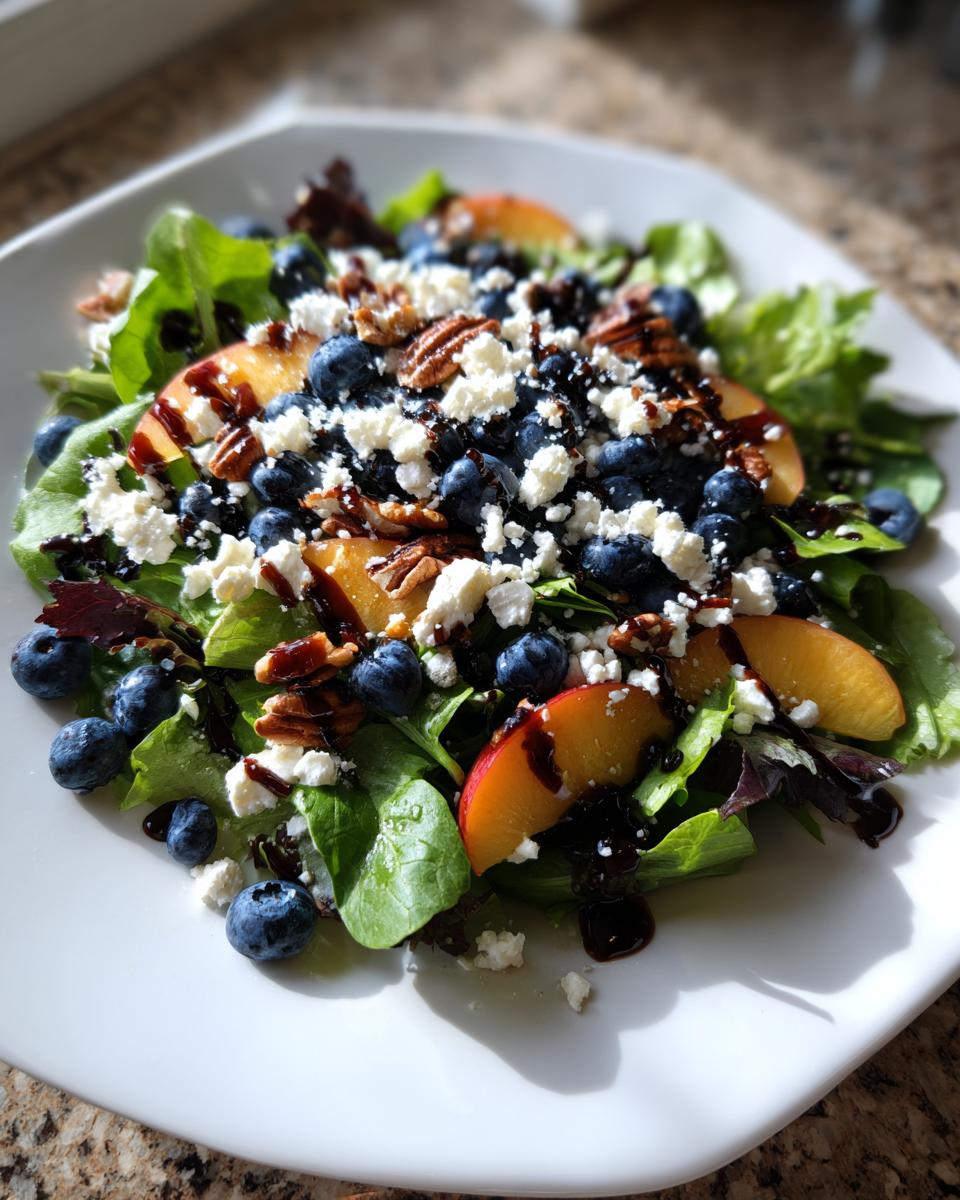 Close-up of a vibrant blueberry peach feta salad with pecans and balsamic glaze on a white plate.