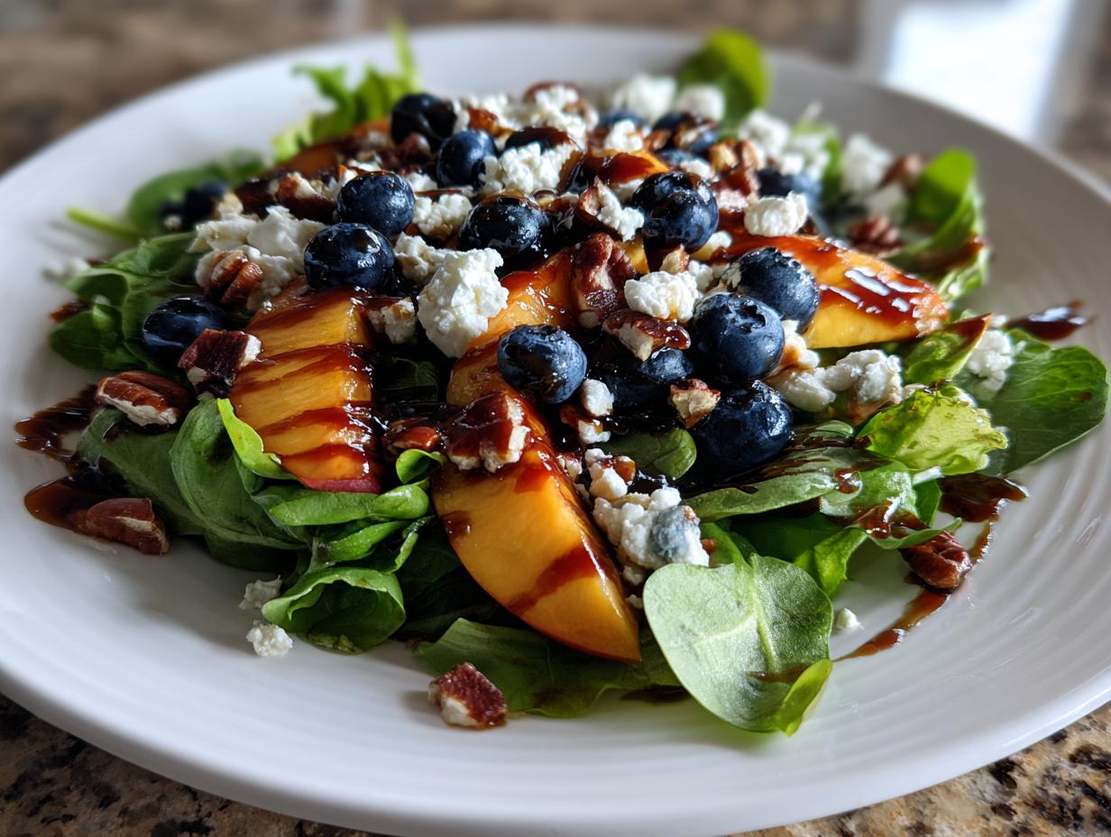 A vibrant close-up of a blueberry peach feta salad featuring fresh spinach, sliced peaches, blueberries, feta crumbles, pecans, and a balsamic drizzle.
