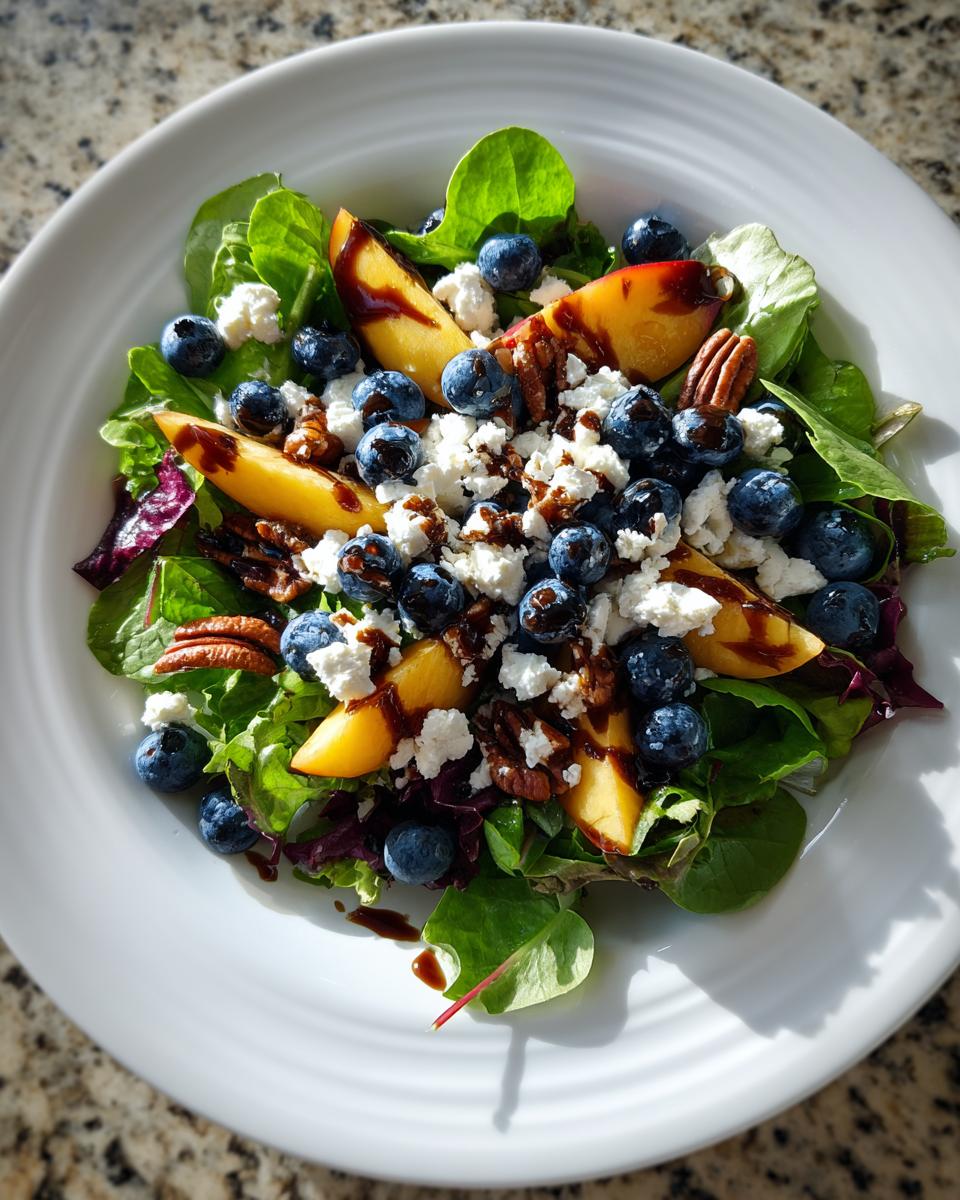 Overhead view of a fresh blueberry peach feta salad with greens, pecans, and a dark balsamic glaze.