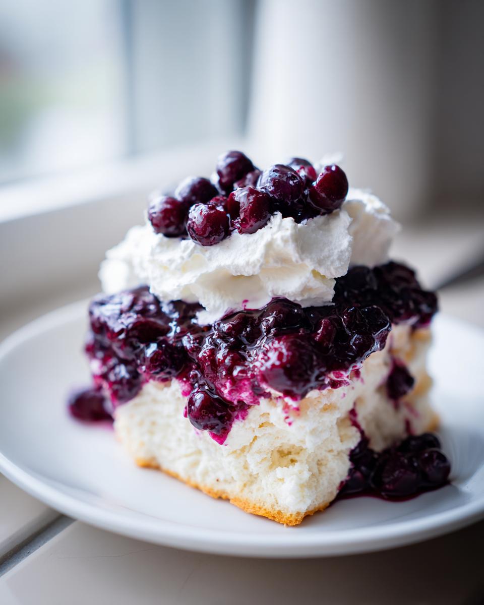A close-up shot of a fluffy biscuit split and topped with rich blueberry compote and whipped cream, showcasing perfect blueberry shortcakes.
