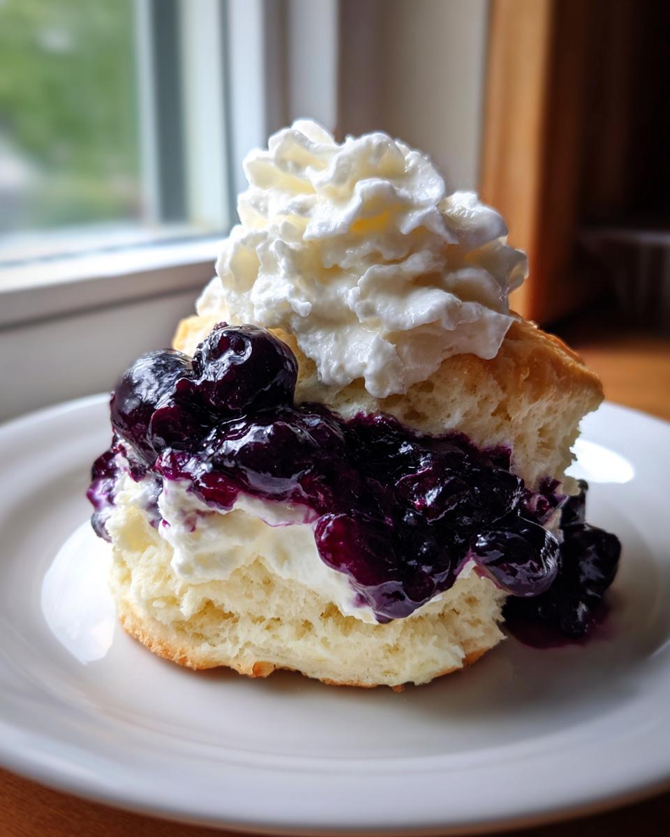 A delicious, split biscuit layered with whipped cream, blueberry compote, and topped with more whipped cream, ready to eat as blueberry shortcakes.
