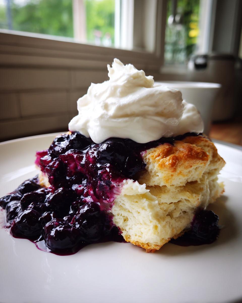 A close-up of a fluffy biscuit split open, topped with rich blueberry sauce and a dollop of whipped cream, representing delicious blueberry shortcakes.