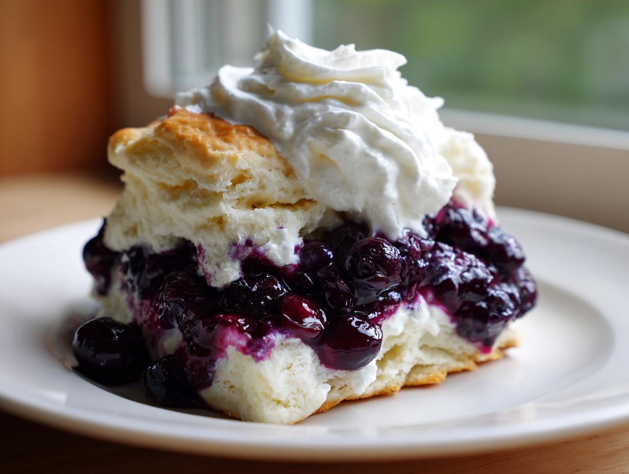 A close-up of a fluffy biscuit split and filled with rich blueberry compote, topped with a generous swirl of whipped cream, ready to eat blueberry shortcakes.
