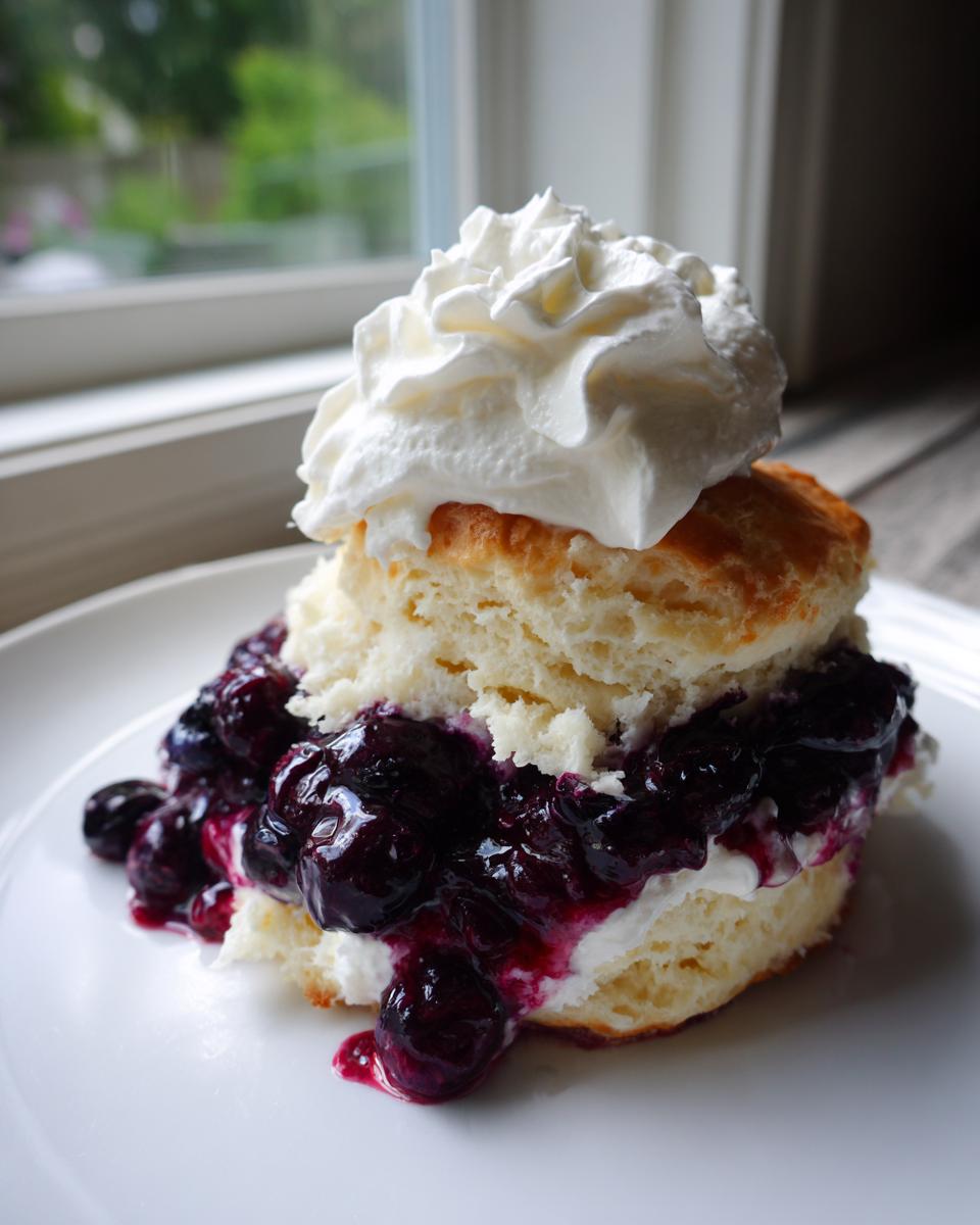 A close-up of a delicious blueberry shortcakes split open, filled with macerated blueberries and topped with a large dollop of whipped cream.