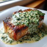 A perfectly seared boneless pork chop covered in a rich, creamy garlic spinach sauce, served on a white plate.