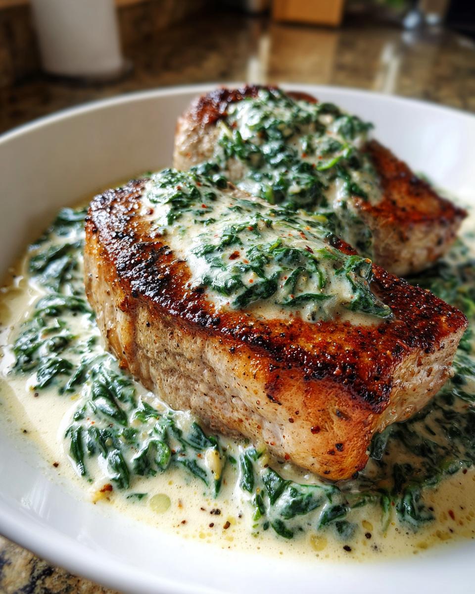 Two seared boneless pork chops smothered in creamy garlic spinach sauce served in a white bowl.