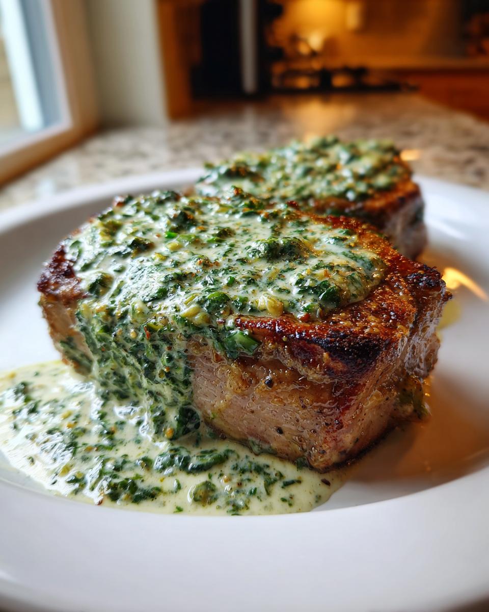 Close-up of seared boneless pork chops in creamy garlic spinach sauce served on a white plate.