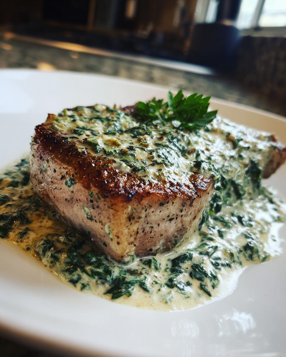 A perfectly seared boneless pork chop smothered in creamy garlic spinach sauce, garnished with parsley.