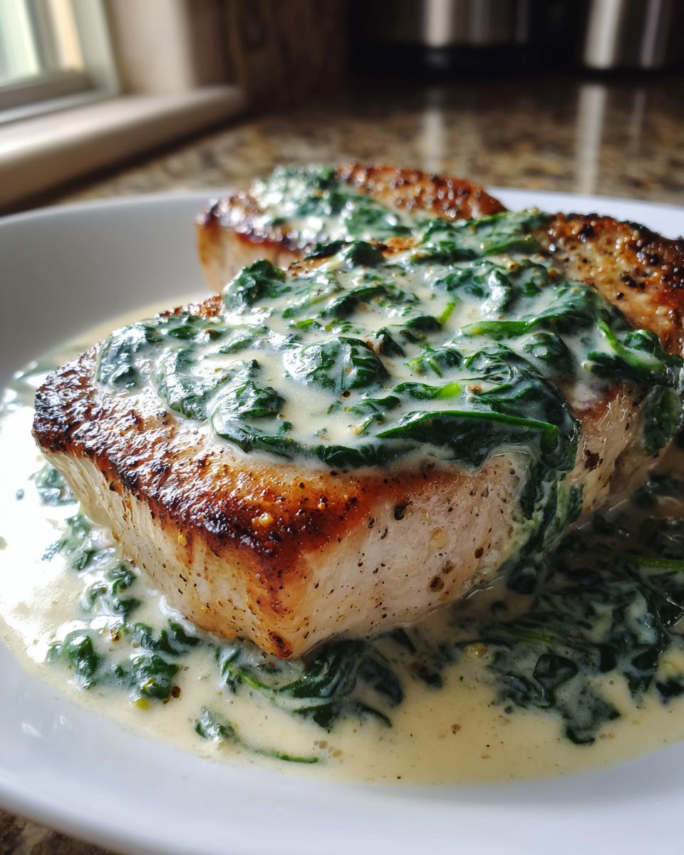 Close-up of seared boneless pork chops generously topped with creamy garlic spinach sauce.