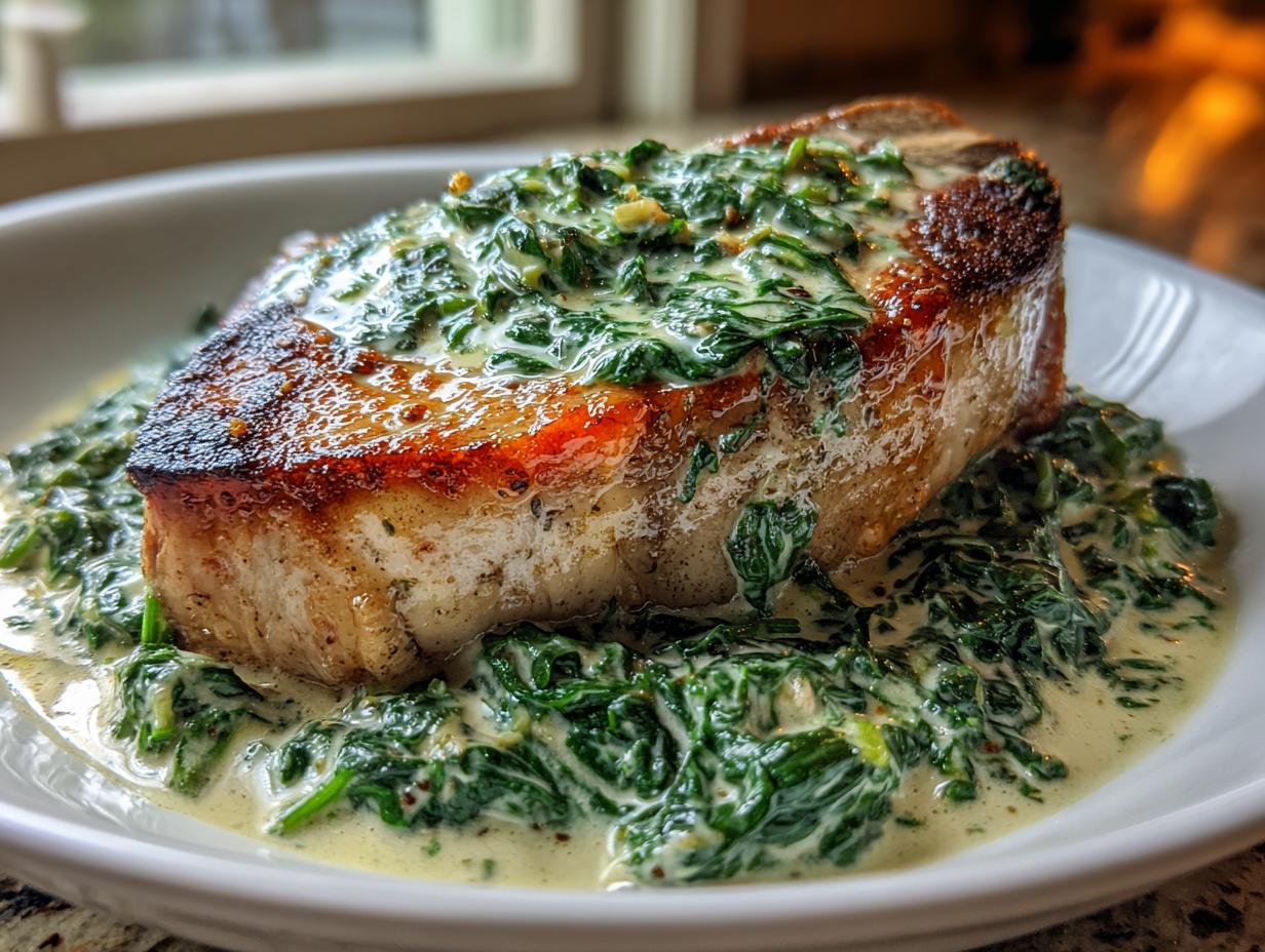 A thick, seared boneless pork chop generously topped with creamy garlic spinach sauce.