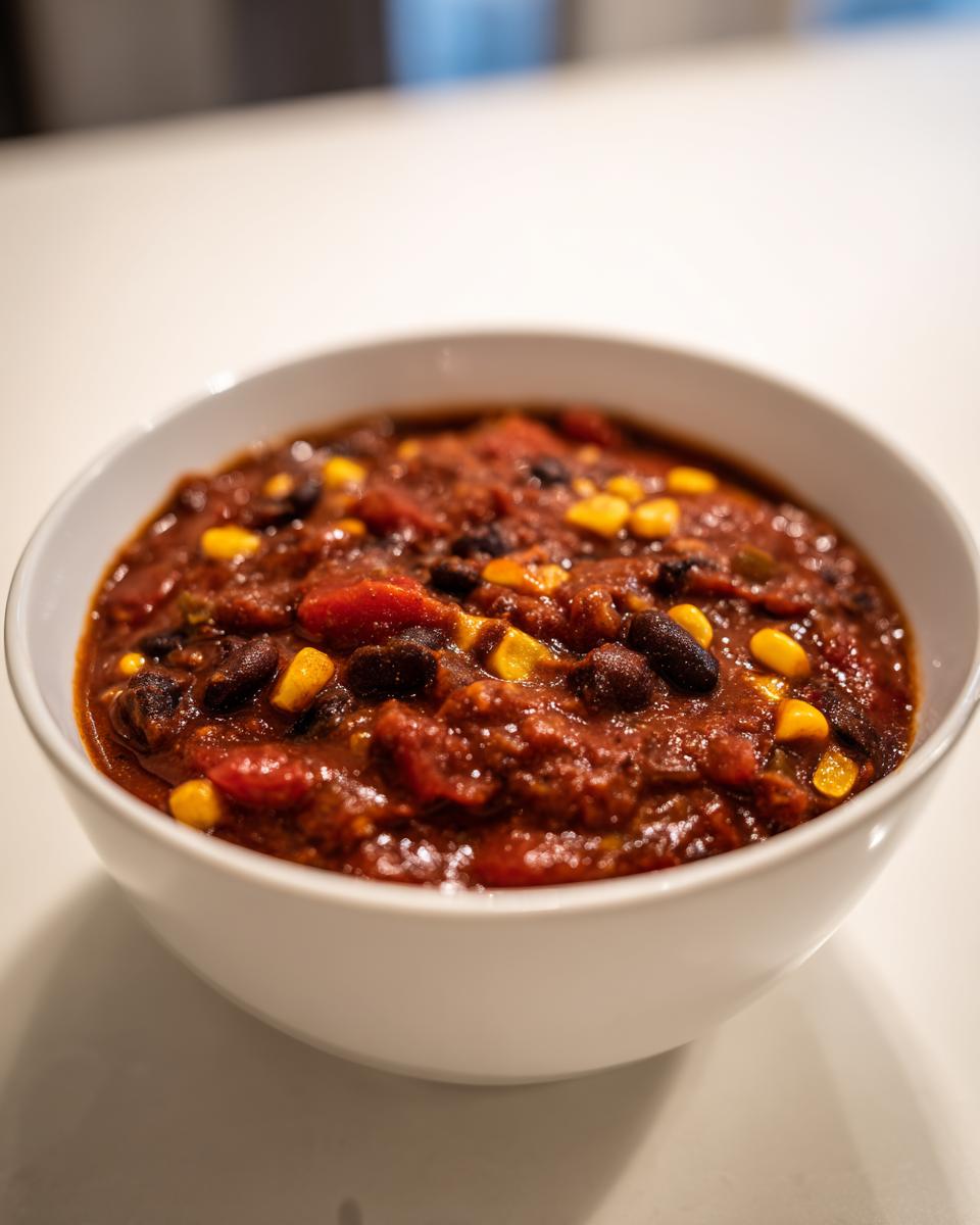 Close-up of a white bowl filled with rich, dark red black bean chili featuring visible black beans and bright yellow corn kernels.