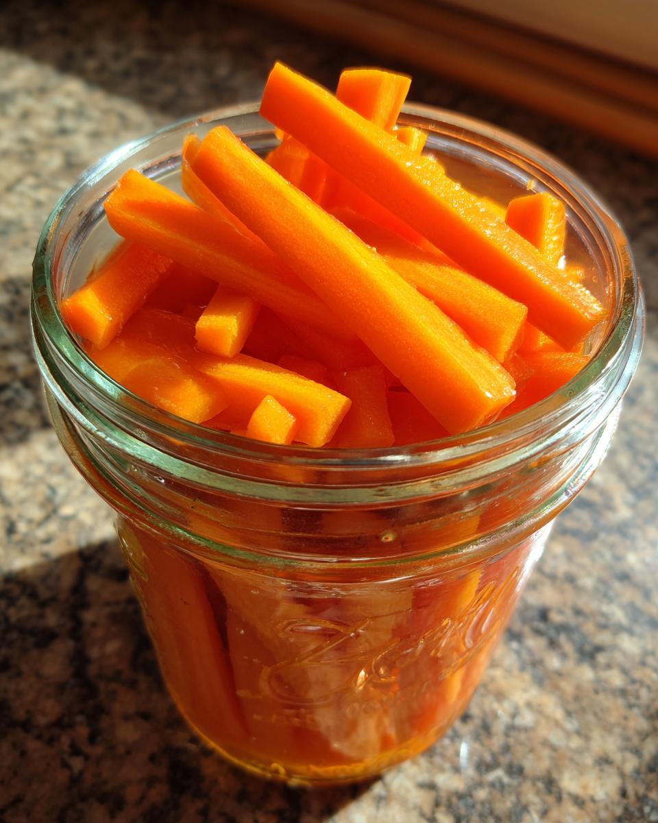 Close-up of bright orange, stick-cut pickled carrots packed tightly in a small glass jar.