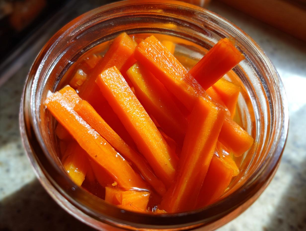 Close-up overhead shot of bright orange pickled carrots cut into sticks soaking in brine inside a clear glass jar.