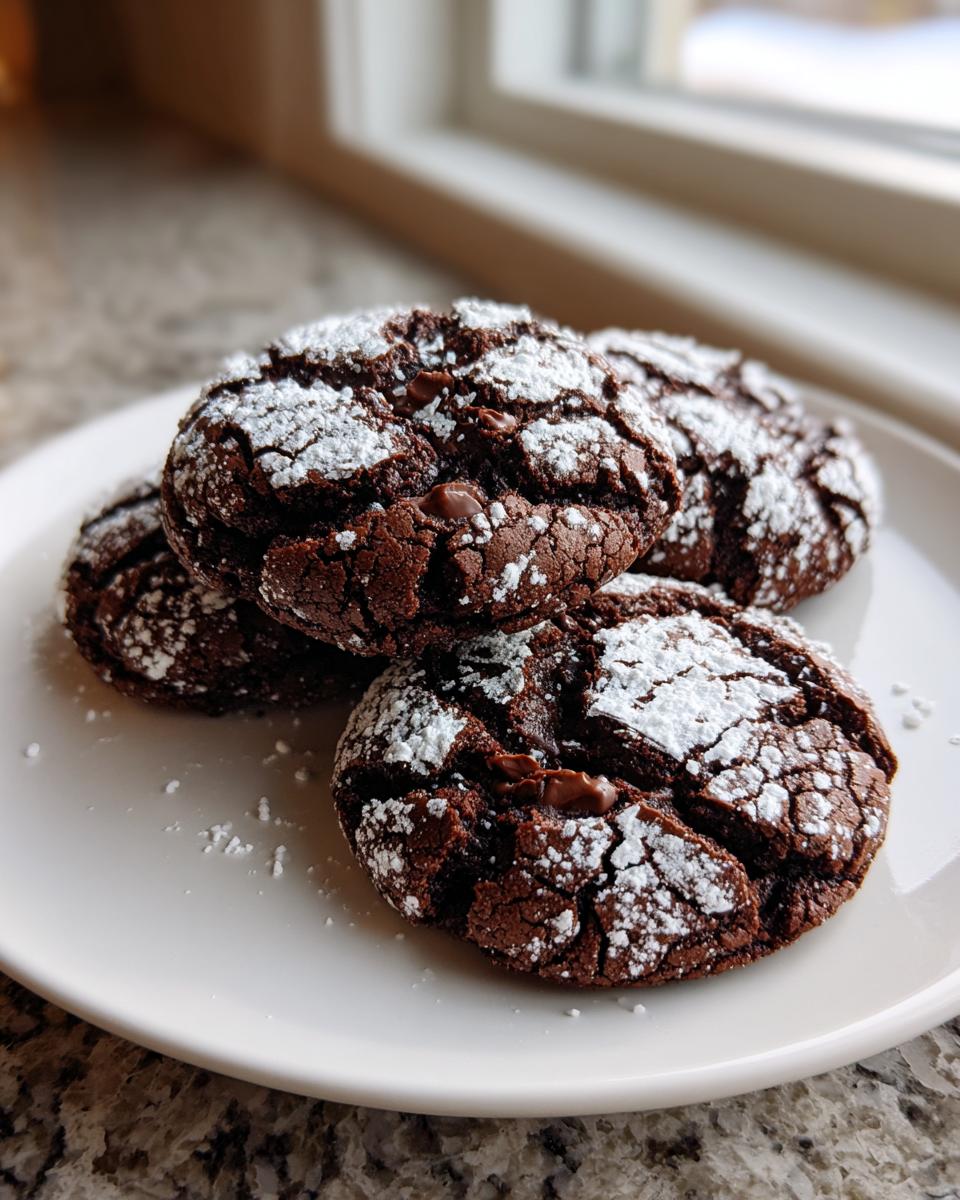 A stack of rich, dark brown butter toffee chocolate crinkle cookies dusted heavily with powdered sugar.