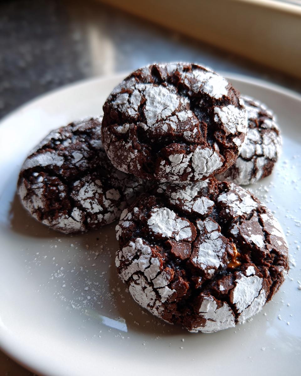 Close-up of rich, dark brown butter toffee chocolate crinkle cookies dusted heavily with powdered sugar.