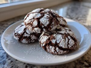 Four rich, dark brown butter toffee chocolate crinkle cookies dusted heavily with powdered sugar, served on a white plate.