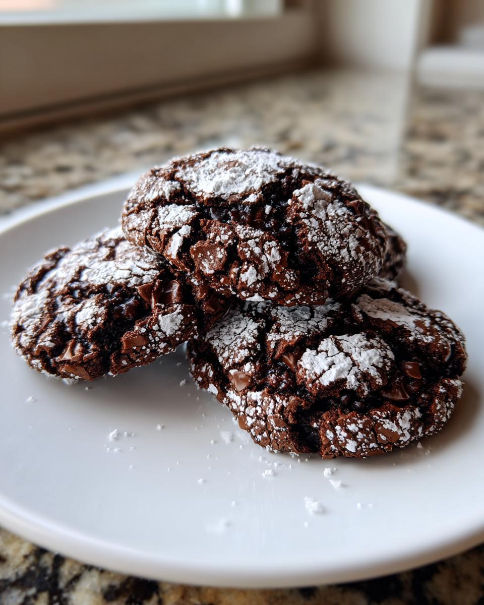 Three rich, dark brown butter toffee chocolate crinkle cookies dusted heavily with powdered sugar on a white plate.