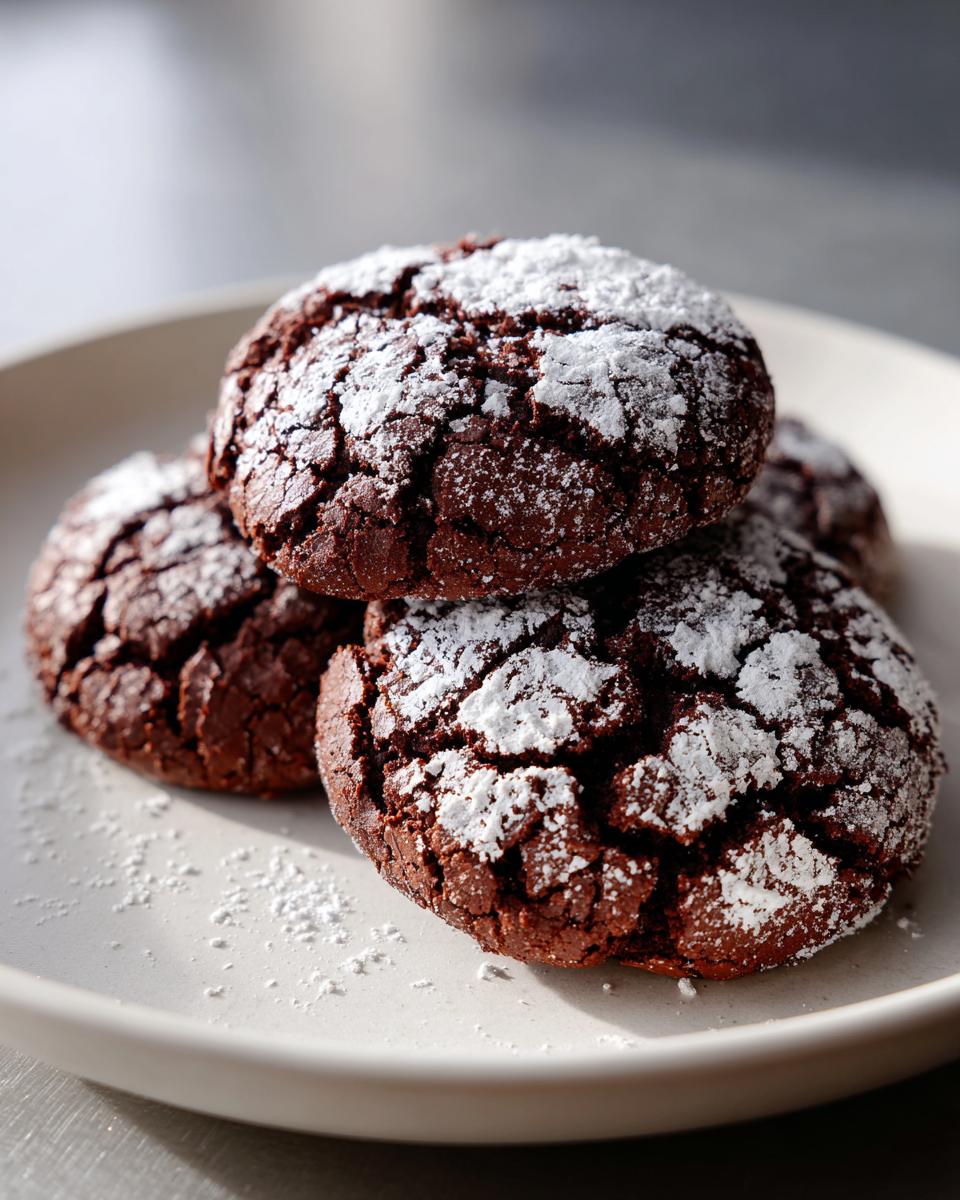 A stack of rich, dark brown butter toffee chocolate crinkle cookies generously dusted with powdered sugar.